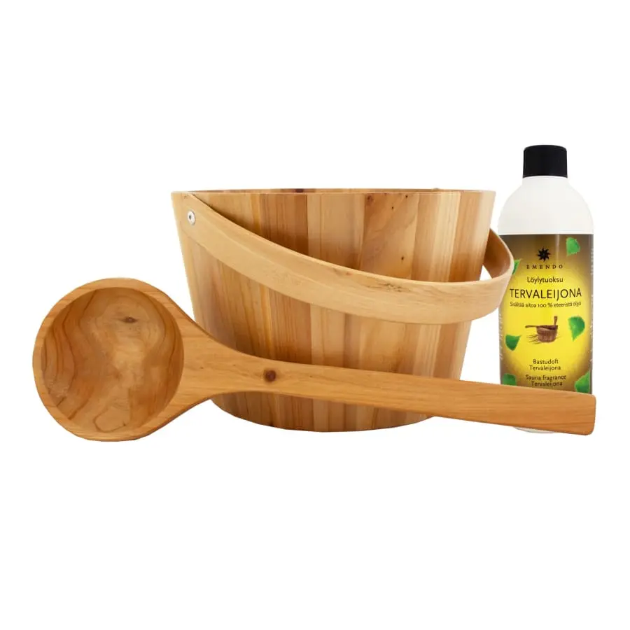 Emendo Puinen Saunasanko + Kauha + Tervaleijona Löylytuoksu 500 Ml 3 Emendo Puinen Saunasanko + Kauha + Tervaleijona Löylytuoksu 500 Ml