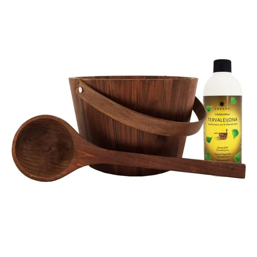 Emendo Puinen Saunasanko Ja Kauha+Tervaleijona Löylytuoksu 3 Emendo Puinen Saunasanko Ja Kauha+Tervaleijona Löylytuoksu
