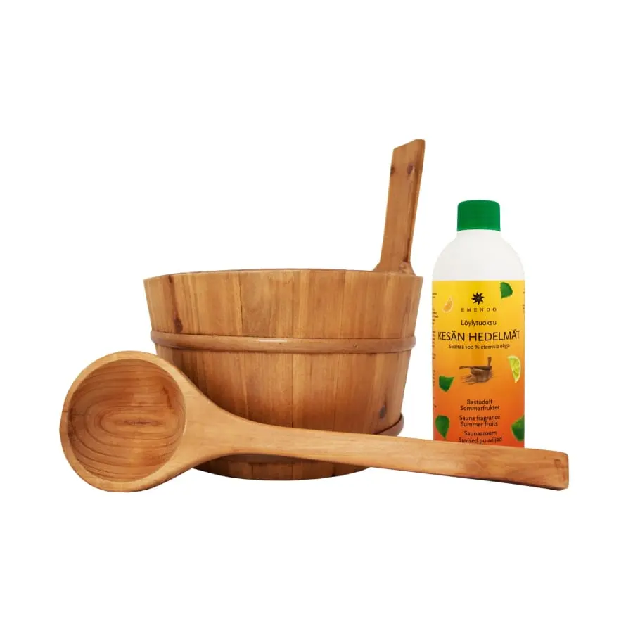 Emendo Puinen Kiulu Ja Kauha + Kesän Hedelmät 500 Ml Löylytuoksu 3 Emendo Puinen Kiulu Ja Kauha + Kesän Hedelmät 500 Ml Löylytuoksu
