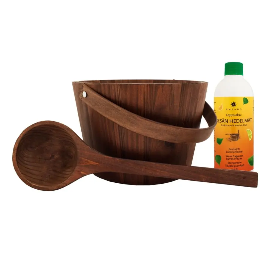 Emendo Puinen Saunasanko + Kauha + Kesän Hedelmät 500 Ml Löylytuoksu 3 Emendo Puinen Saunasanko + Kauha + Kesän Hedelmät 500 Ml Löylytuoksu